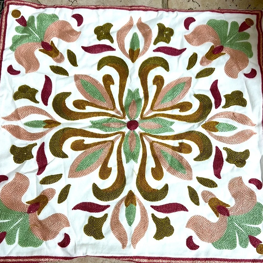 Pink Floral Embroidered Decorative Cloth Throw Pillow 16”x16” Set of Two